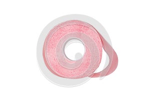 Toilet paper on white background isolated close up, one pink soft bog roll, paper tissues, design element, studio shot