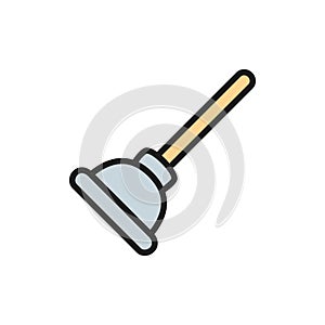 Toilet plunger, cleaning tool, housework supplies flat color line icon.