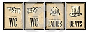 Toilet retro vintage grunge poster. Ladies, Cents, Pointing finger.