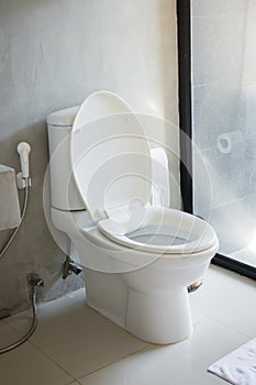 Toilet seat in bathroom interior.
