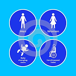 Toilet signages on blue circle background vector icons