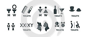 Toilet signs. Funny WC man and woman direction icons, restaurant cafe cinema restroom door signs. Vector toilet symbols