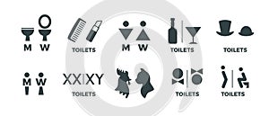 Toilet signs. Funny WC man and woman direction icons, restaurant cafe cinema restroom door signs. Vector toilet symbols photo