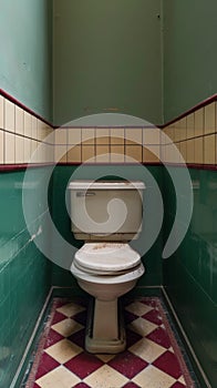 A toilet in a small bathroom with green and white tiles, AI