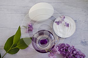 Toilet soap, lilac flower relaxation cleanliness design a light background