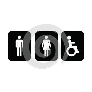 Toilet symbol vector icon with man, woman and disabled person on wheelchair in a glyph pictogram