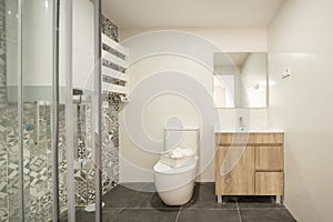 Toilet with wooden furniture, white earthenware sink, square mirror