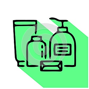 Toiletries, cosmetic flat line icon. Spa hotel service vector illustration