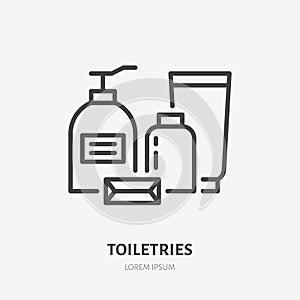 Toiletries, cosmetic flat line icon. Spa hotel service vector illustration. Thin sign of soap bottle, shampoo, lotion