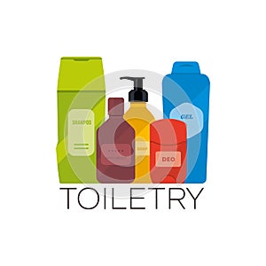 Toiletries flat vector illustration. Personal care and hygiene products, such as shampoo, moisturizer, deodorant, shover