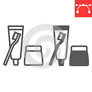 Toiletries line and glyph icon, toothbrush and toothpaste, toiletries sign vector graphics, editable stroke linear icon