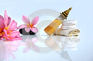 Toiletries with plumeria flower and soap