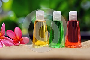 Toiletries and plumeria flowers