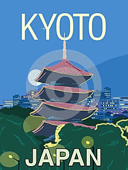 Toji temple and Kyoto city illustration best for travel poster with vintage retro style