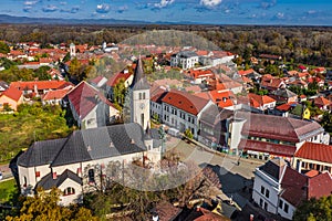 Tokaj, Hungary - Aerial view of the Heart of Jesus Church at the main square of the town of Tokaj on a sunny autumn morning