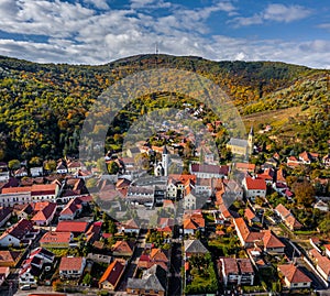 Tokaj, Hungary - Aerial view of the town of Tokaj on a sunny autumn morning with blue sky and clouds. Heart of Jesus Church