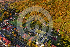 Tokaj, Hungary - Aerial view of the world famous Hungarian vineyards of Tokaj wine region with wine cellars