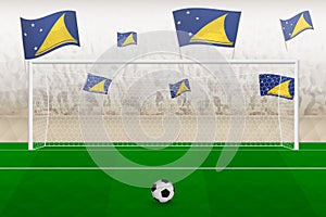 Tokelau football team fans with flags of Tokelau cheering on stadium, penalty kick concept in a soccer match