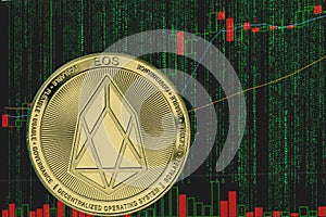 Token eos cryptocurrency on the background of binary crypto matrix text and price chart.