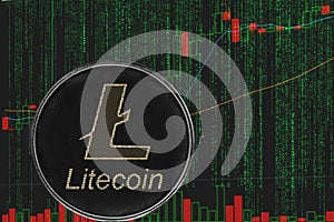 Token ltc litecoin cryptocurrency on the background of binary crypto matrix text and price chart.