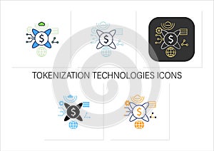 Tokenization technologies icons set photo
