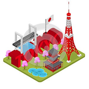 Tokio City Famous Landmark of Capital Japan Isometric View. Vector photo