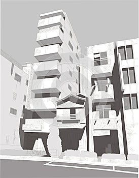 Tokio cityscape vector illustration greyscale color hand art