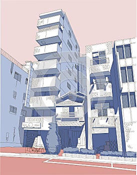 Tokio cityscape vector illustration blue and pink color hand art photo