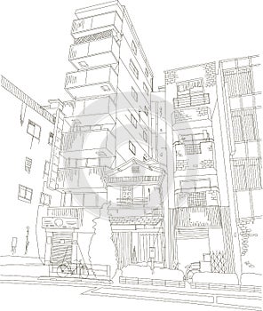 Tokio cityscape vector illustration Tokyo courtyard, color vector illustration, car in old yard japan manga style photo