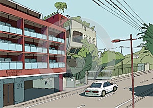 Tokio cityscape vector illustration Tokyo street, graphic vector illustration, japan manga style background color photo