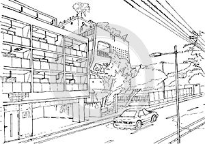 Tokio cityscape vector illustration Tokyo street, graphic vector illustration, japan manga style background line drawing photo