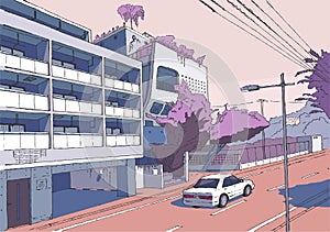 Tokio cityscape vector illustration Tokyo street, vector illustration, japan manga style background, pink color, drawing photo