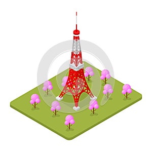 Tokio Tower Famous Landmark of Capital Japan Isometric View. Vector photo