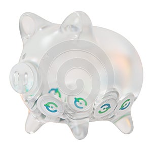 Toko Token (TKO) Clear Glass piggy bank with decreasing piles of crypto coins.