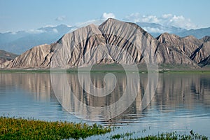 Toktogul highland mountain lake in Kyrgyzstan