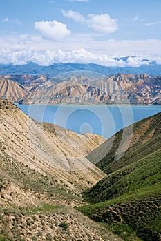 Toktogul highland mountain lake in Kyrgyzstan