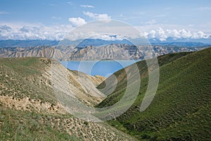 Toktogul highland mountain lake in Kyrgyzstan