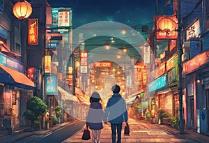 Tokyo anime High resolution screengrab couple walking away in street at night