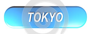 TOKYO blue rounded rectangular push button on white background - 3D rendering illustration