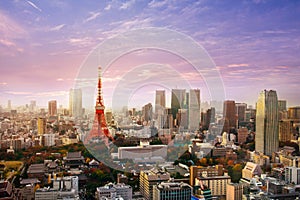 Tokyo city skyline in Aerial view with skyscraper, modern office building and sunset sky background in Tokyo metropol