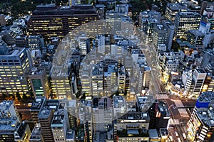 Tokyo city skyline with night light and railway , japan