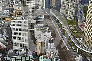 Tokyo city skyline, railways and roads.