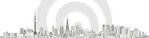 Tokyo cityscape line art style vector detailed illustration. Travel background