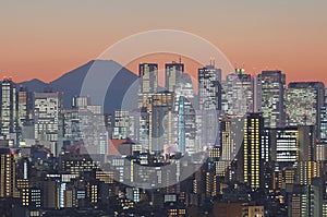 Tokyo cityscape and Mountain fuji at twilight