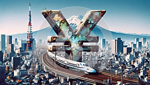 Tokyo Cityscape with Ruined Yen Sculptures and Shinkansen