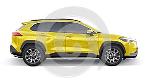 Tokyo, Japan. April 19, 2022: Toyota Corolla Cross 2020. Compact yellow SUV with a hybrid engine and four-wheel drive