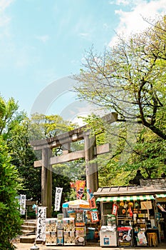 Ueno Park Toshogu shrine Torii gate and store in Tokyo, Japan