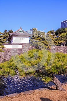 Authentic building in the territory by the Emperor palace of Japan on background of skyscrapers.