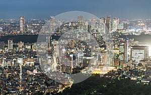 Tokyo, Japan. Beautiful aerial view of city buildings at night