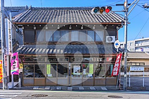 Traditional Showa era Japanese wooden houses rehabilitated into green tea shop in Kawagoe.